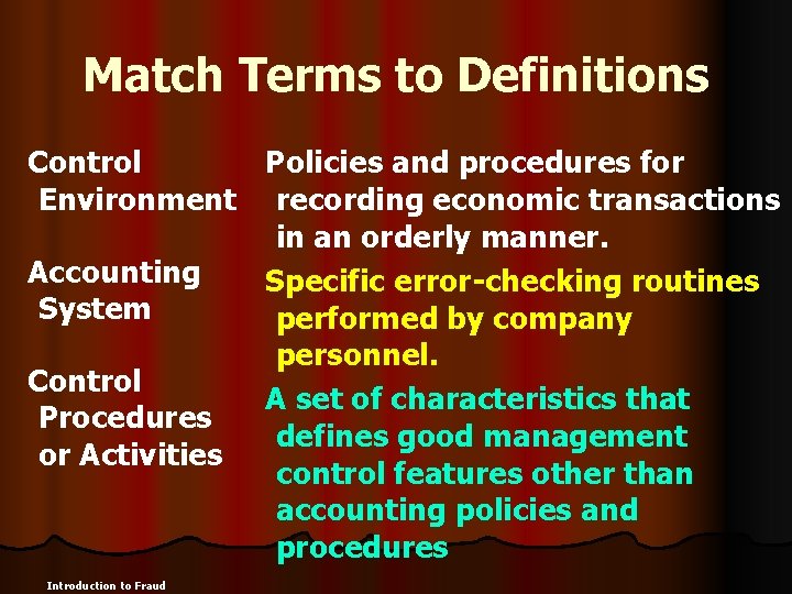 Match Terms to Definitions Control Policies and procedures for Environment recording economic transactions in