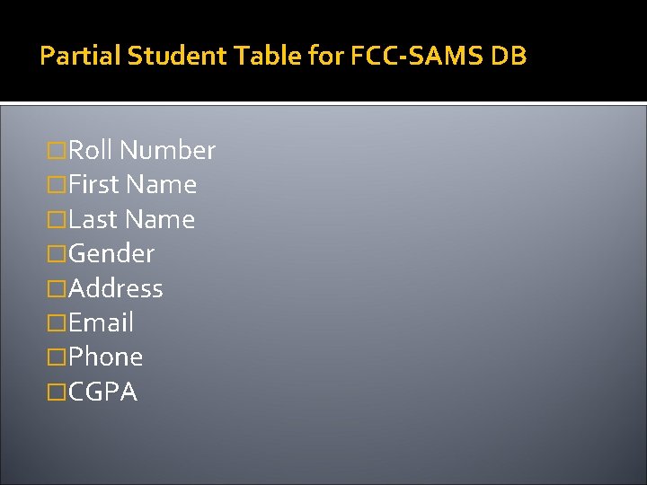 Partial Student Table for FCC-SAMS DB �Roll Number �First Name �Last Name �Gender �Address