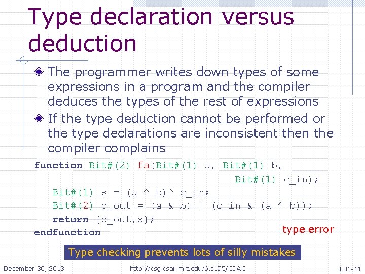Type declaration versus deduction The programmer writes down types of some expressions in a Type declaration versus deduction The programmer writes down types of some expressions in a