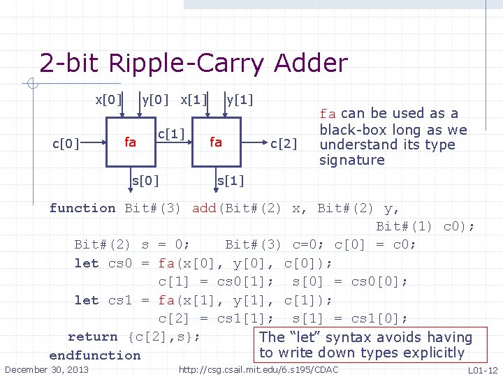 2 -bit Ripple-Carry Adder y[0] x[1] x[0] c[0] fa s[0] c[1] y[1] fa c[2]