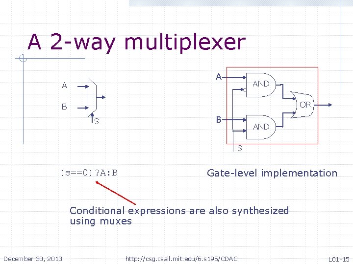 A 2 -way multiplexer A A AND OR B S B AND S (s==0)? A 2 -way multiplexer A A AND OR B S B AND S (s==0)?