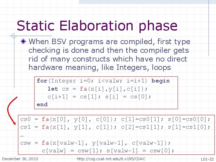 Static Elaboration phase When BSV programs are compiled, first type checking is done and Static Elaboration phase When BSV programs are compiled, first type checking is done and