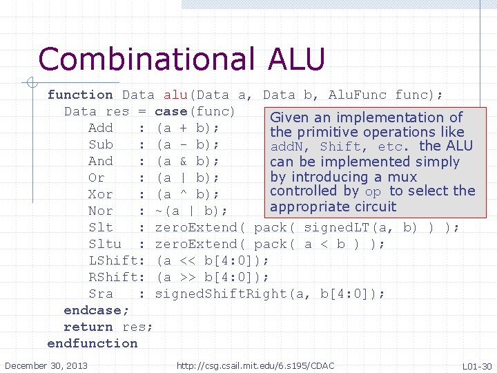Combinational ALU function Data alu(Data a, Data b, Alu. Func func); Data res = Combinational ALU function Data alu(Data a, Data b, Alu. Func func); Data res =