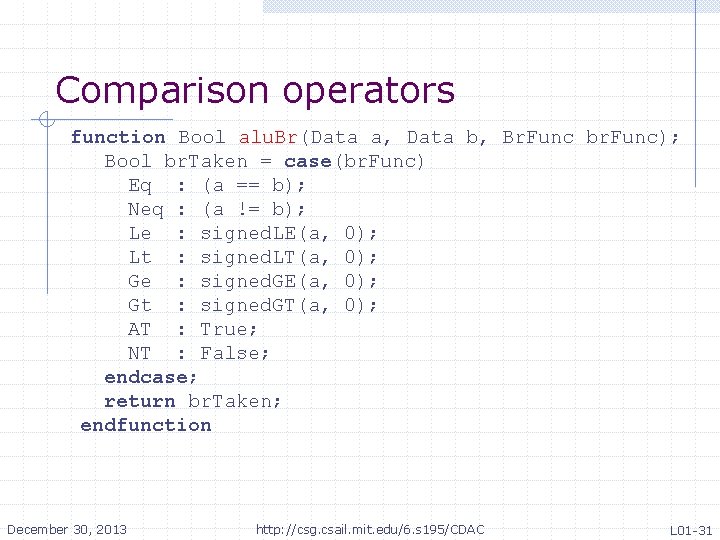 Comparison operators function Bool alu. Br(Data a, Data b, Br. Func br. Func); • Comparison operators function Bool alu. Br(Data a, Data b, Br. Func br. Func); •