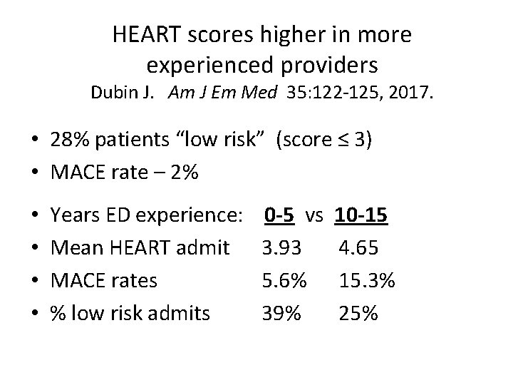 HEART scores higher in more experienced providers Dubin J. Am J Em Med 35: