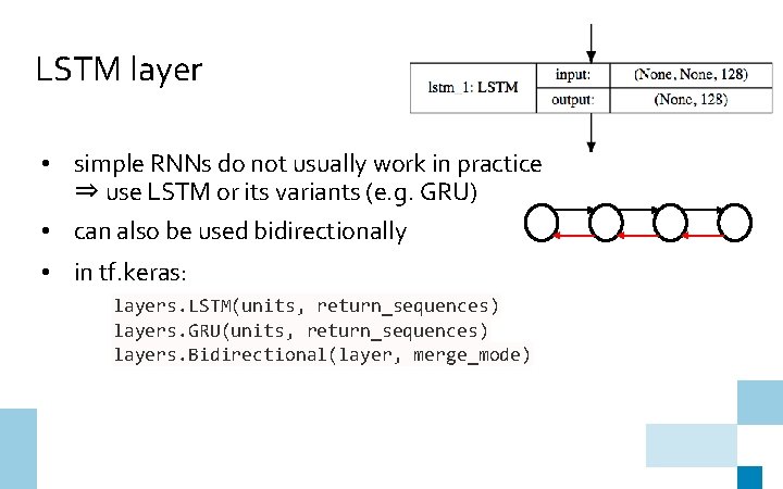 LSTM layer • simple RNNs do not usually work in practice ⇒ use LSTM