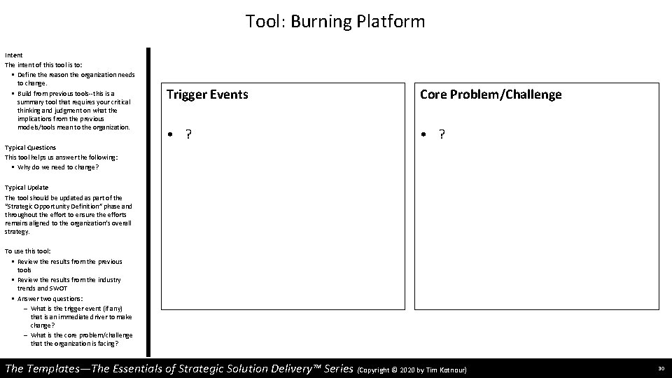 Tool: Burning Platform Intent The intent of this tool is to: • Define the