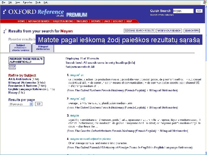 Matote pagal ieškomą žodį paieškos rezultatų sąrašą 