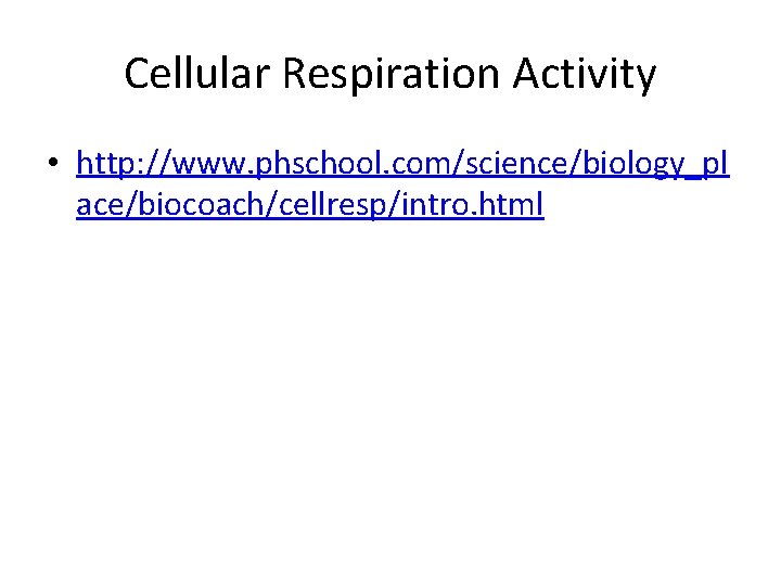 Cellular Respiration Activity • http: //www. phschool. com/science/biology_pl ace/biocoach/cellresp/intro. html 