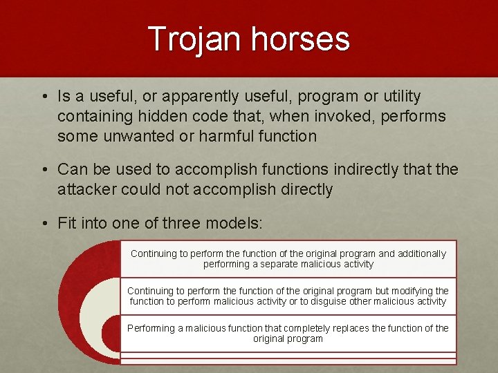 Trojan horses • Is a useful, or apparently useful, program or utility containing hidden