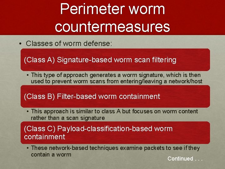 Perimeter worm countermeasures • Classes of worm defense: (Class A) Signature-based worm scan filtering