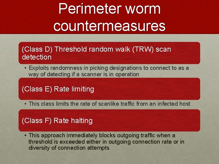 Perimeter worm countermeasures (Class D) Threshold random walk (TRW) scan detection • Exploits randomness