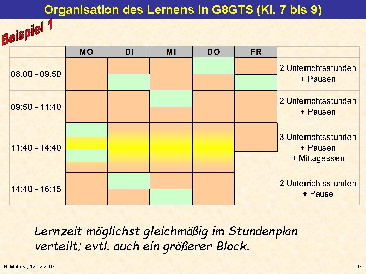 Organisation des Lernens in G 8 GTS (Kl. 7 bis 9) Lernzeit möglichst gleichmäßig