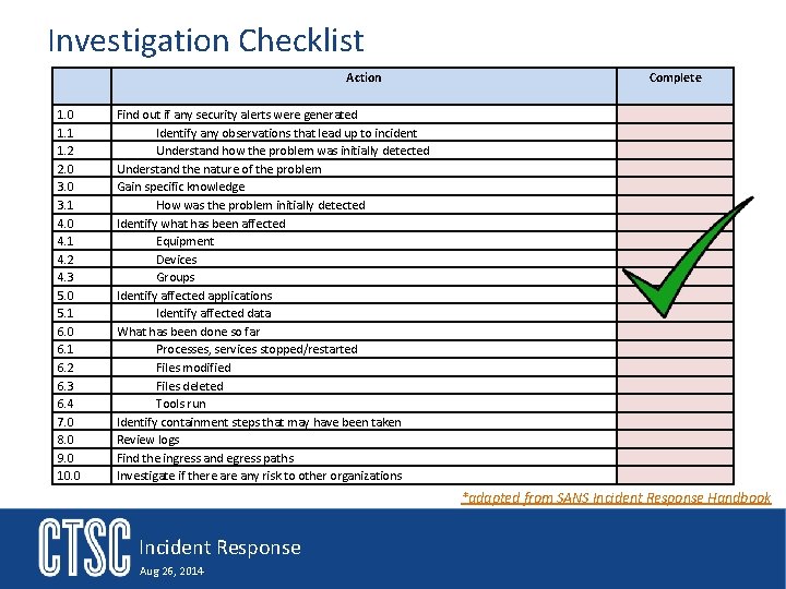 Investigation Checklist Action 1. 0 1. 1 1. 2 2. 0 3. 1 4.