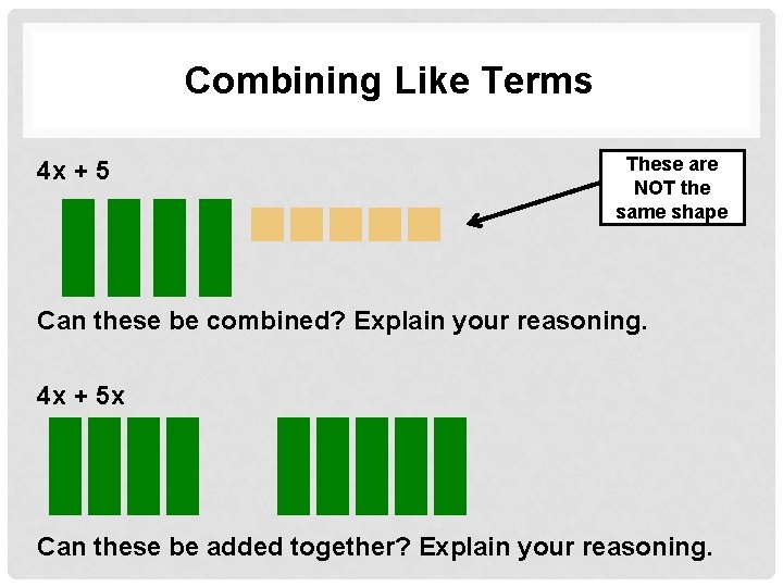 Combining Like Terms 4 x + 5 These are NOT the same shape Can