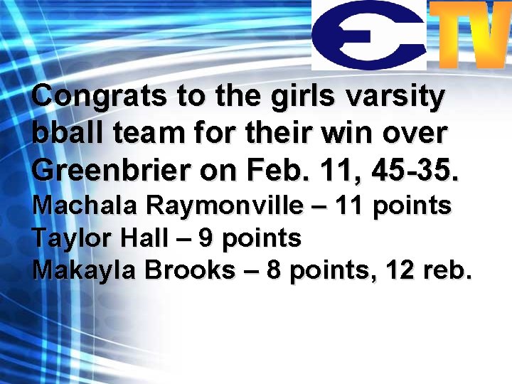 Congrats to the girls varsity bball team for their win over Greenbrier on Feb.