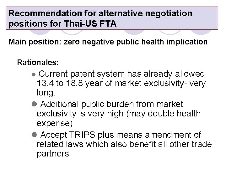 Recommendation for alternative negotiation positions for Thai-US FTA Main position: zero negative public health