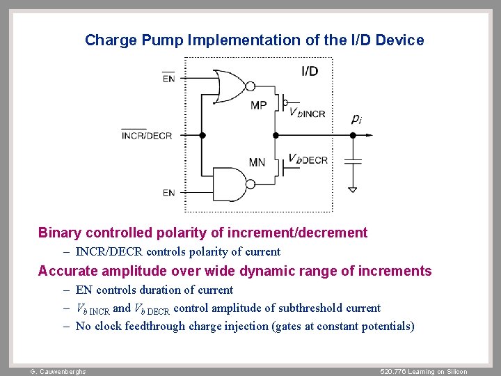 Charge Pump Implementation of the I/D Device Binary controlled polarity of increment/decrement – INCR/DECR