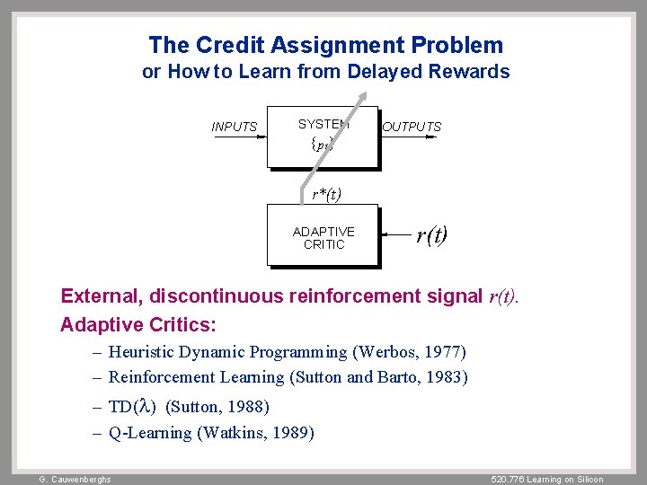 The Credit Assignment Problem or How to Learn from Delayed Rewards INPUTS SYSTEM {p