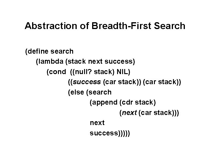 Abstraction of Breadth-First Search (define search (lambda (stack next success) (cond ((null? stack) NIL) Abstraction of Breadth-First Search (define search (lambda (stack next success) (cond ((null? stack) NIL)