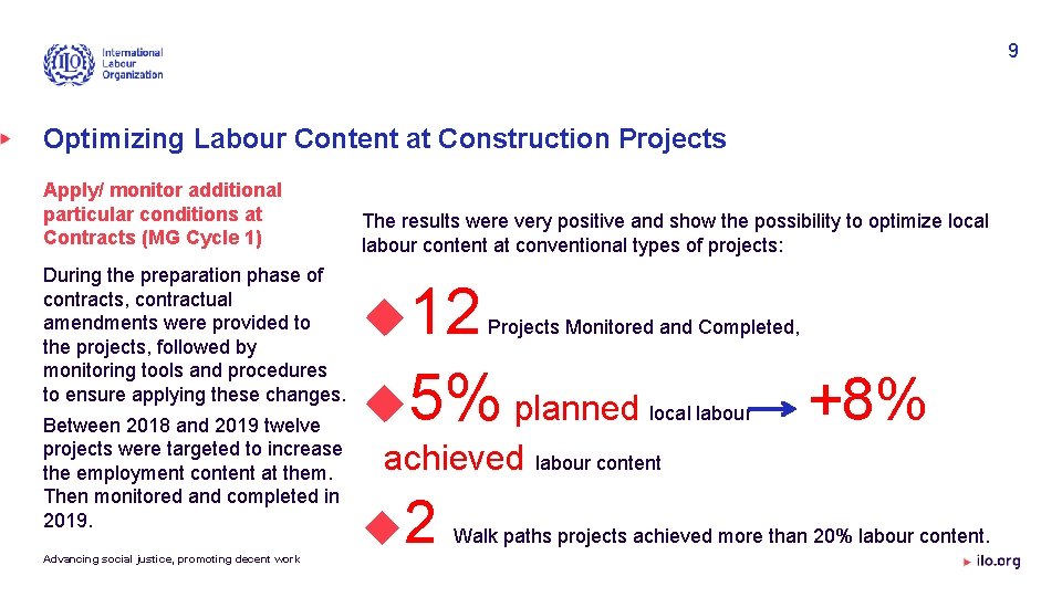 9 Optimizing Labour Content at Construction Projects Apply/ monitor additional particular conditions at Contracts