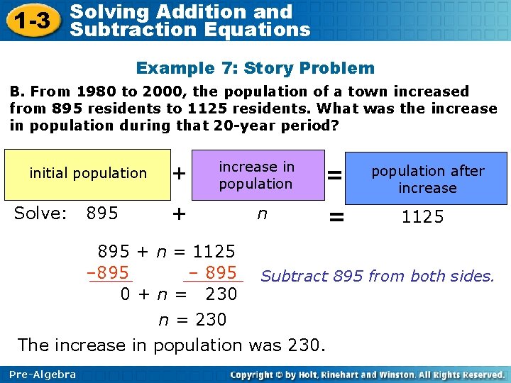 Solving Addition and 1 -3 Subtraction Equations Example 7: Story Problem B. From 1980