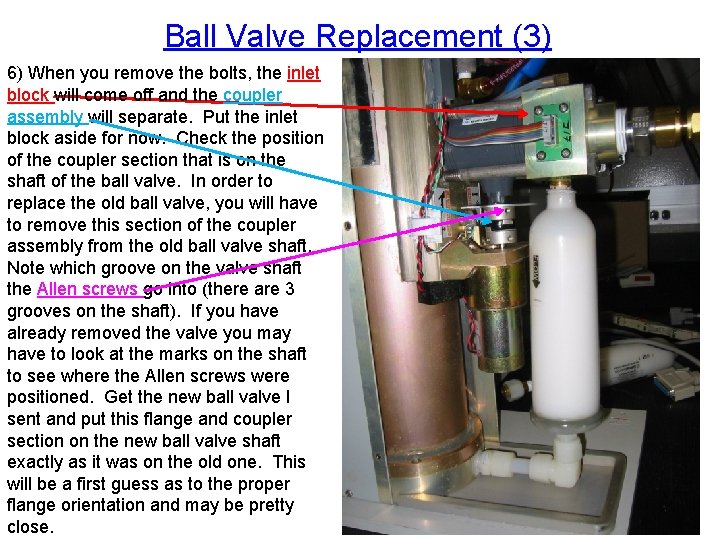 Ball Valve Replacement (3) 6) When you remove the bolts, the inlet block will