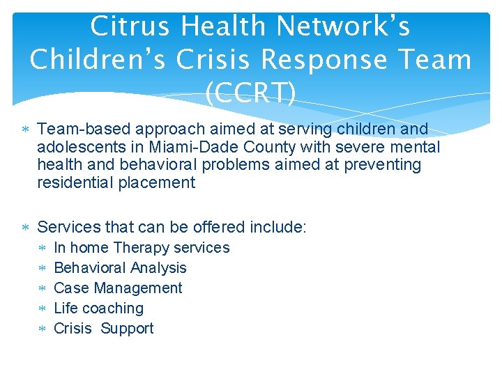 Citrus Health Network’s Children’s Crisis Response Team (CCRT) Team-based approach aimed at serving children