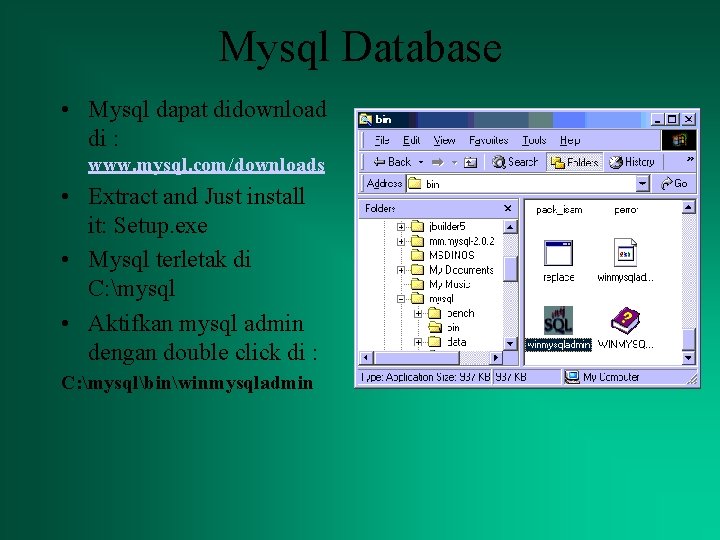 Mysql Database • Mysql dapat didownload di : www. mysql. com/downloads • Extract and