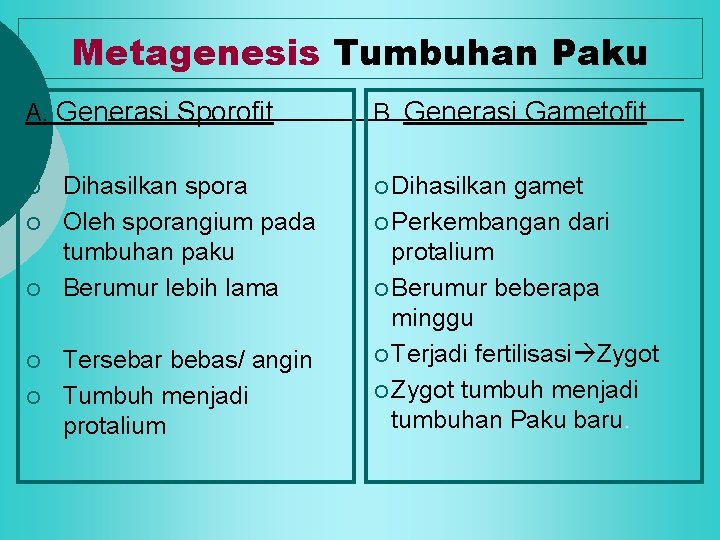 Metagenesis Tumbuhan Paku A. Generasi Sporofit ¡ ¡ ¡ Dihasilkan spora Oleh sporangium pada