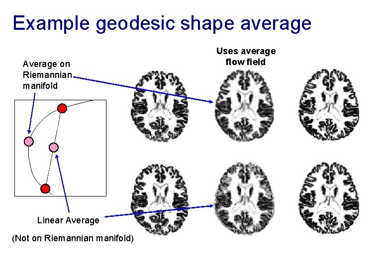 Example geodesic shape average Average on Riemannian manifold Linear Average (Not on Riemannian manifold)