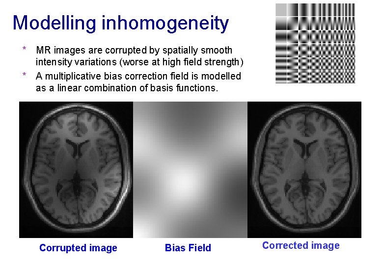 Modelling inhomogeneity * MR images are corrupted by spatially smooth intensity variations (worse at