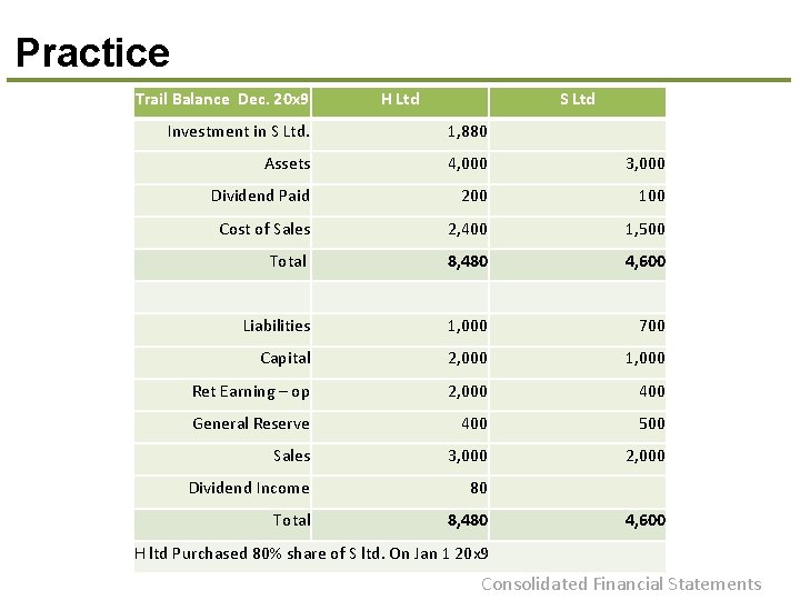 Practice Trail Balance Dec. 20 x 9 H Ltd S Ltd Investment in S