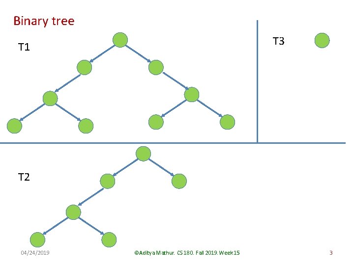 Binary tree T 3 T 1 T 2 04/24/2019 ©Aditya Mathur. CS 180. Fall