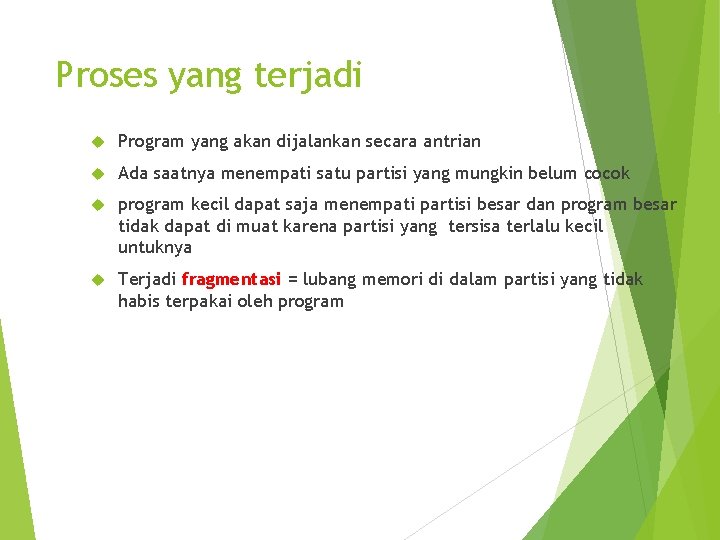 Proses yang terjadi Program yang akan dijalankan secara antrian Ada saatnya menempati satu partisi