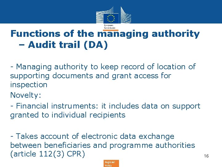 Functions of the managing authority – Audit trail (DA) - Managing authority to keep