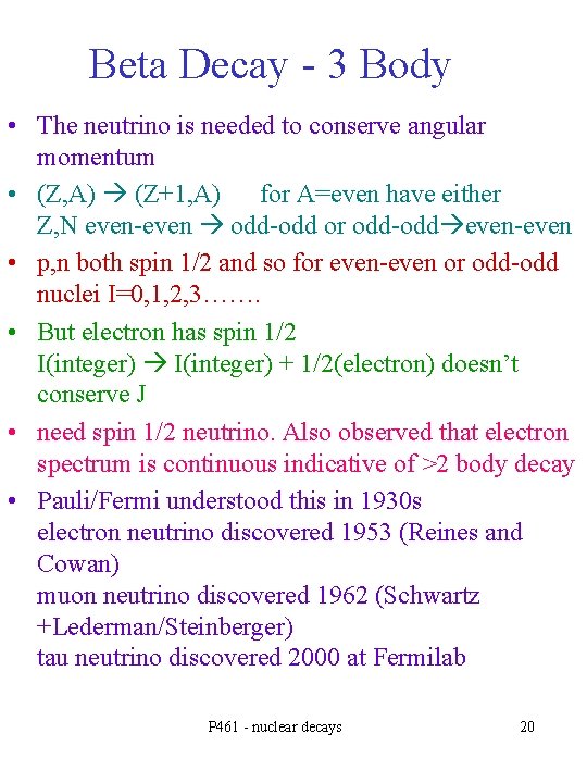 Beta Decay - 3 Body • The neutrino is needed to conserve angular momentum