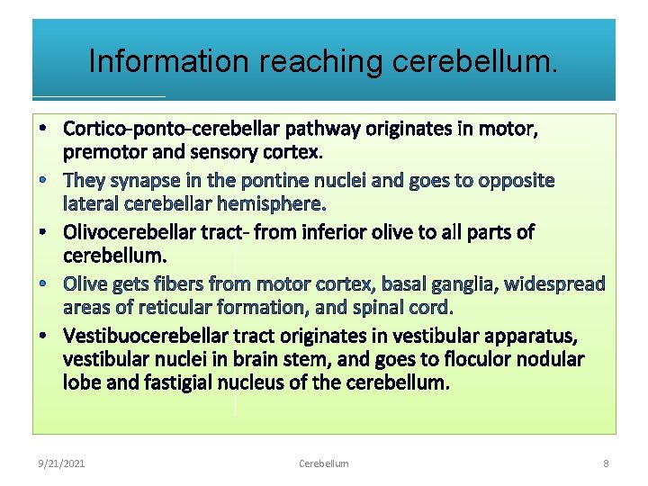 Information reaching cerebellum. • Cortico-ponto-cerebellar pathway originates in motor, premotor and sensory cortex. •