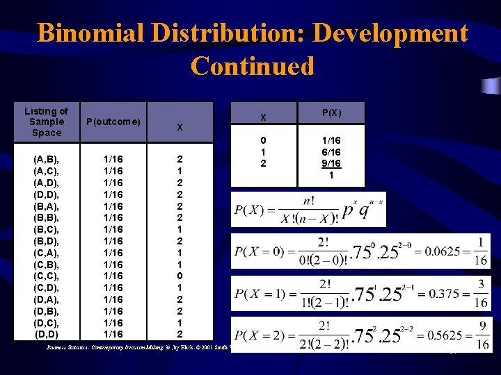Binomial Distribution: Development Continued Listing of Sample Space P(outcome) (A, B), (A, C), (A,