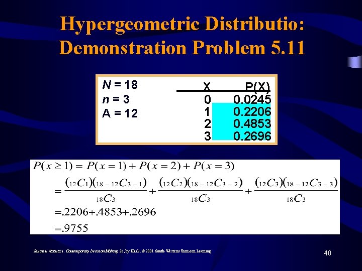 Hypergeometric Distributio: Demonstration Problem 5. 11 N = 18 n=3 A = 12 X