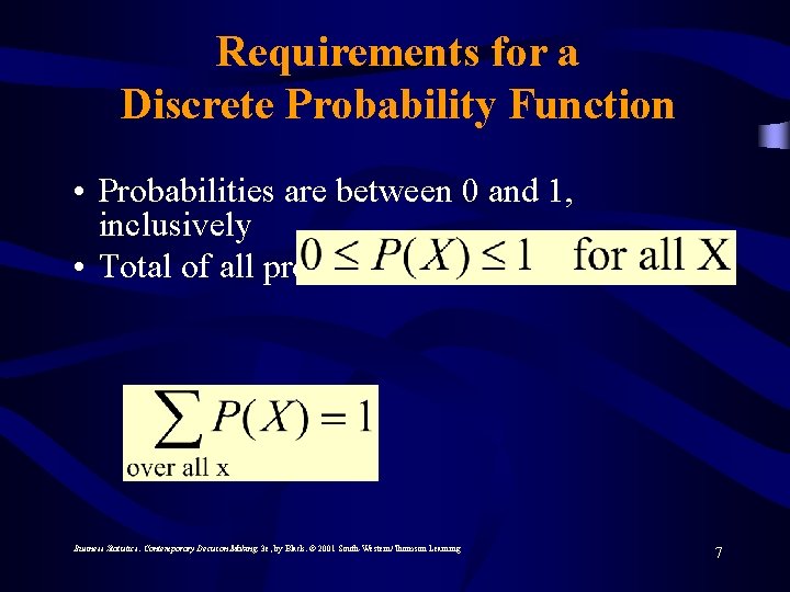 Requirements for a Discrete Probability Function • Probabilities are between 0 and 1, inclusively