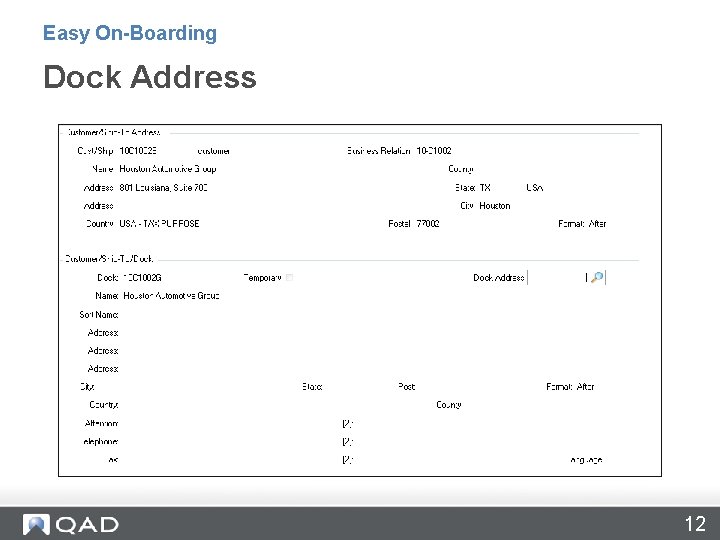 Easy On-Boarding Dock Address 12 