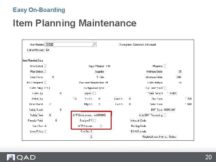 Easy On-Boarding Item Planning Maintenance 20 