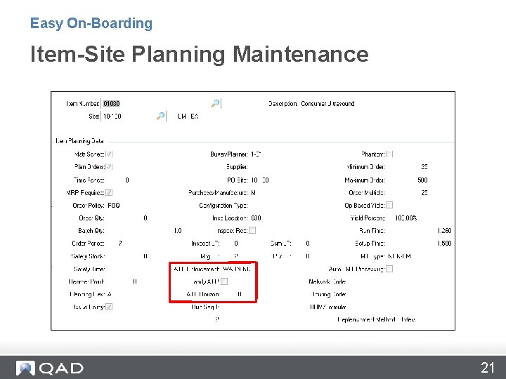 Easy On-Boarding Item-Site Planning Maintenance 21 