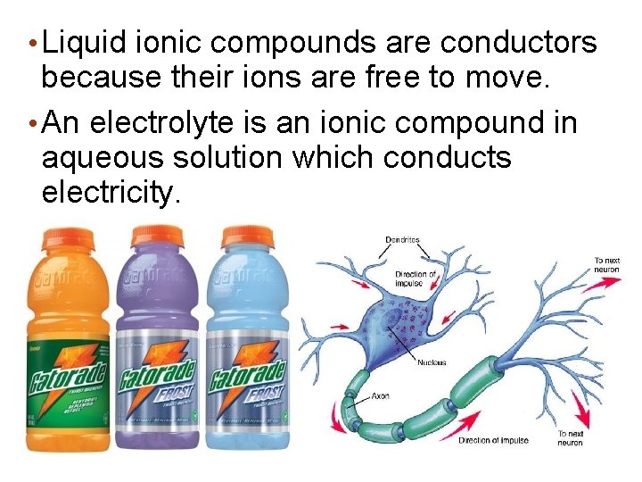  • Liquid ionic compounds are conductors because their ions are free to move.