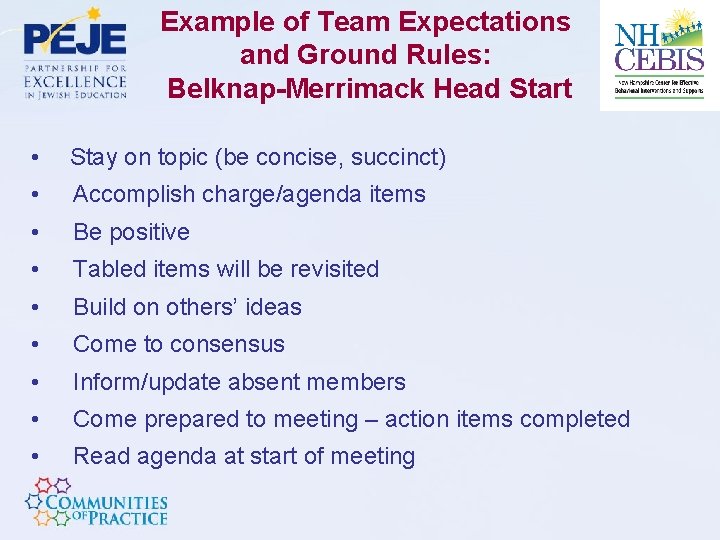 Example of Team Expectations and Ground Rules: Belknap-Merrimack Head Start • Stay on topic
