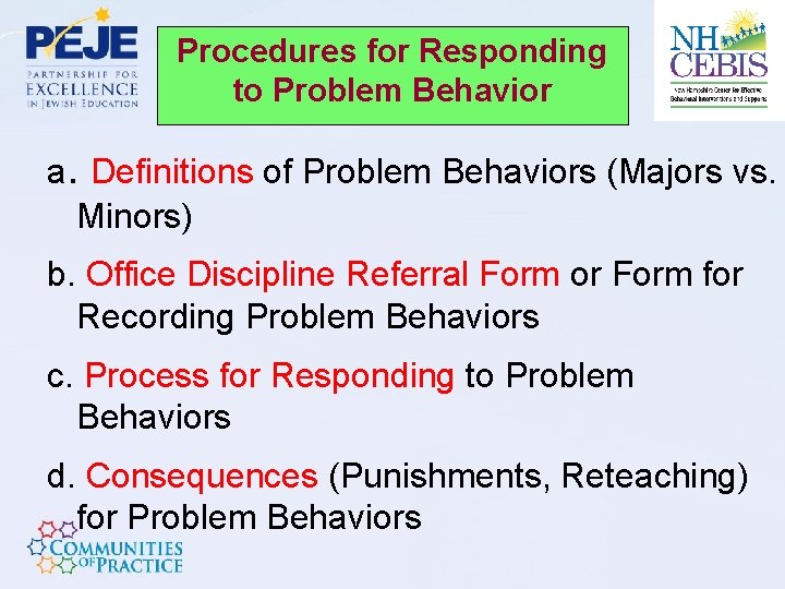 Procedures for Responding to Problem Behavior a. Definitions of Problem Behaviors (Majors vs. Minors)