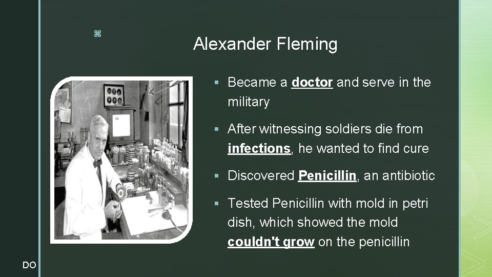z Alexander Fleming § Became a doctor and serve in the military § After