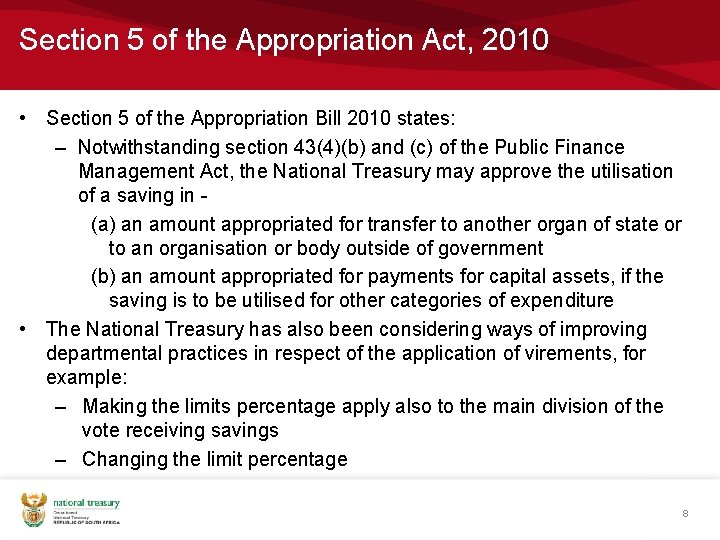 Section 5 of the Appropriation Act, 2010 • Section 5 of the Appropriation Bill