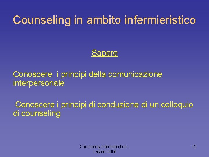 Counseling in ambito infermieristico Sapere Conoscere i principi della comunicazione interpersonale Conoscere i principi